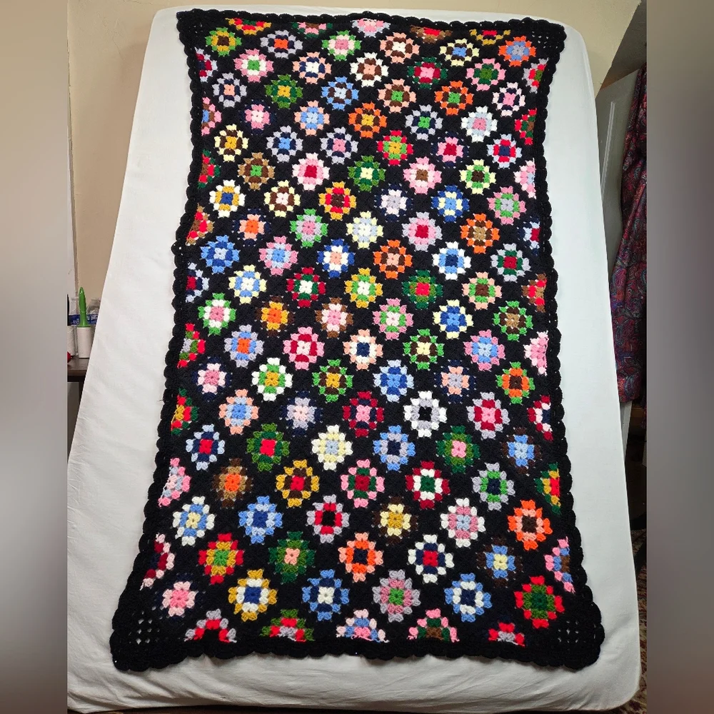 Handmade Crochet‎ Granny Square Blanket Afghan Black Multicolor Boho 41x68